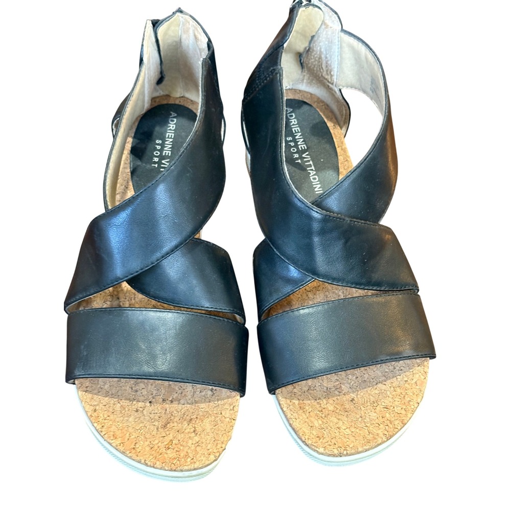Adrienne Vittadini Sport Womens Black Leather Cork Platform Sandals Size 6 Zip